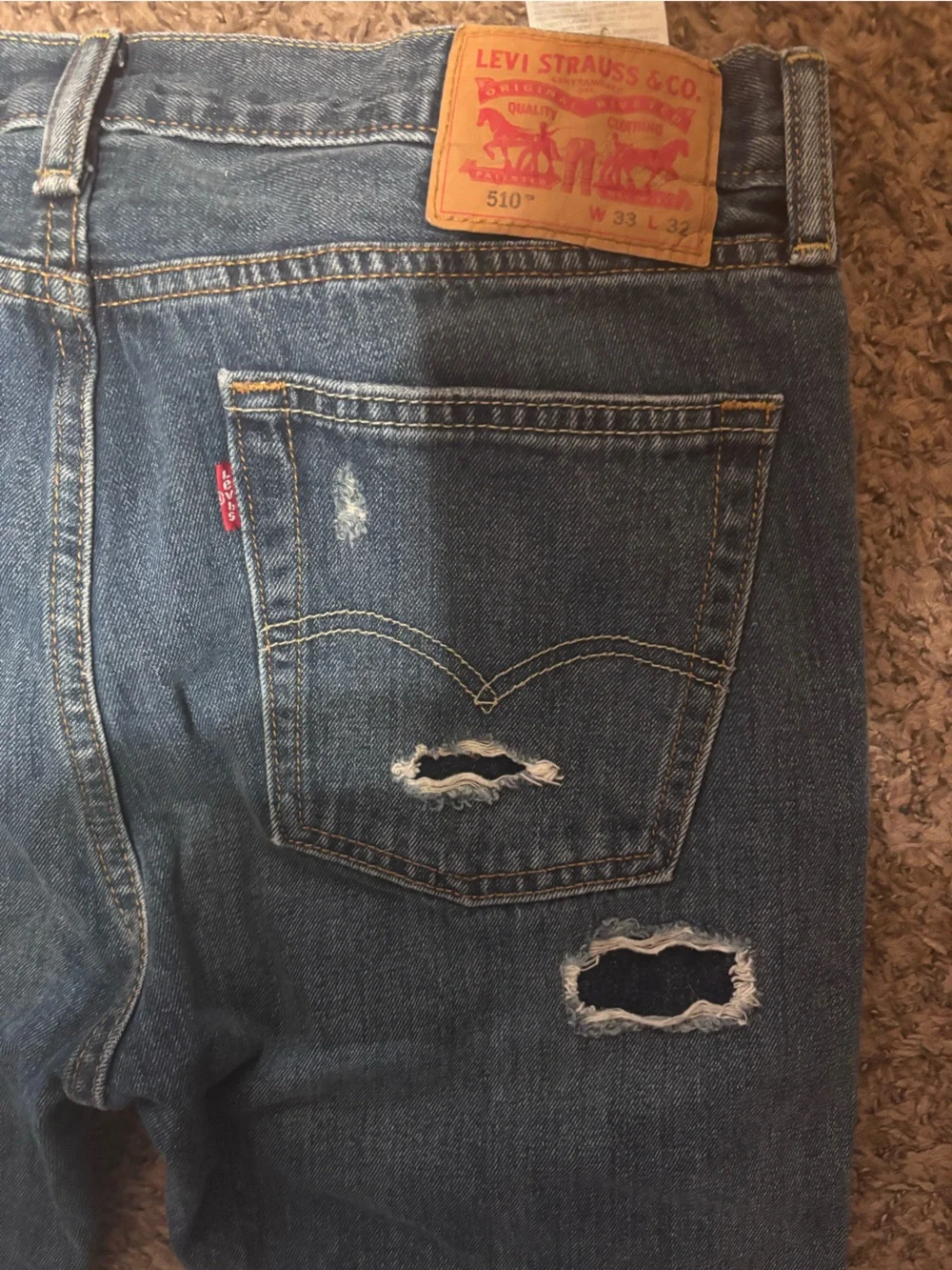 Levi's Men's Straight Jeans - Dark Blue with Distressed Detail